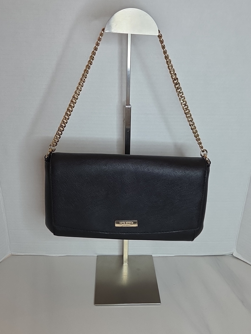 Kate Spade Laurel Way Greer Black Leather Shoulder Bag with Gold Chain